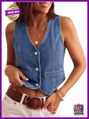 Denim Vest Sleeveless V Neck Button Down Jean Waistcoat Cropped Y2K